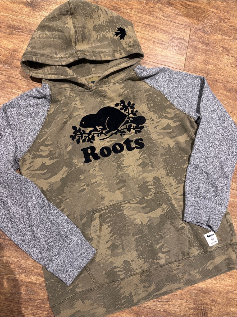 Roots Olive Camo Hoodie with Gray Raglan Sleeves